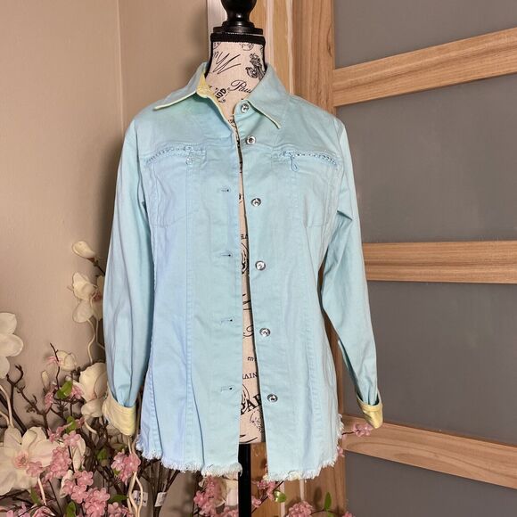 Quacker Factory Jeweled Raw Hem Distressed Blue Jean Denim Shirt Jacket Women S - Picture 1 of 10